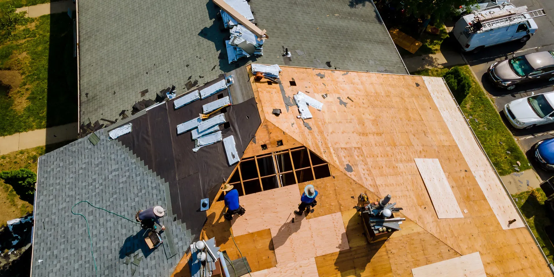 drone view of full roof replacement